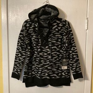 Rock & Republic Grey and Black Cheetah Print Lace up Hoodie Sweater